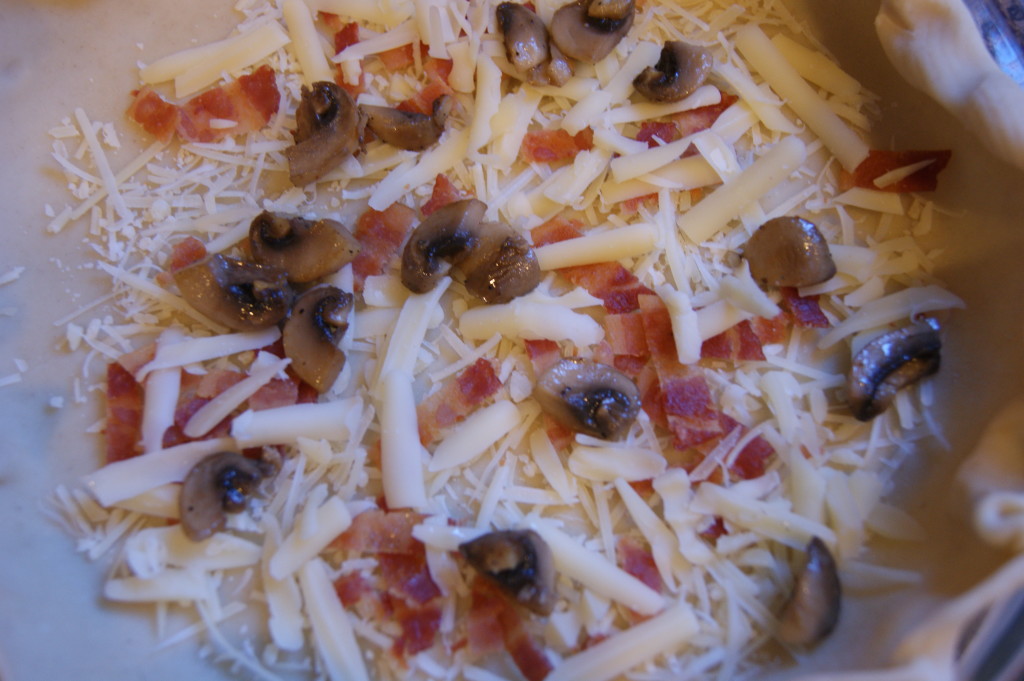 Bacon, cheese and mushroom mixture added...I love sauteed mushrooms and bacon - in this quiche or in a big bowl.