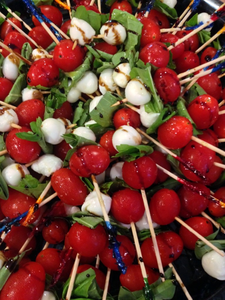 A whole platter of the skewers glazed with a balsamic reduction ready to go out on the buffet at a recent event.