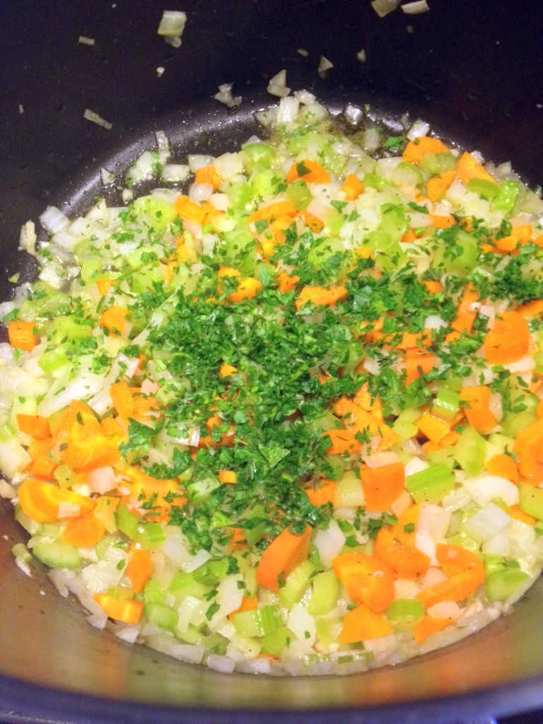 Saute the mirepoix with the fresh herbs...