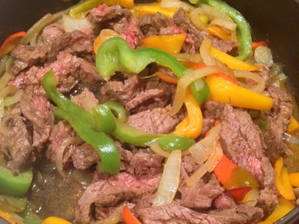 No mess, no stress.  Sear the steak, add the veggies, toss and tuck into some flour tortillas.  Dinner is served.