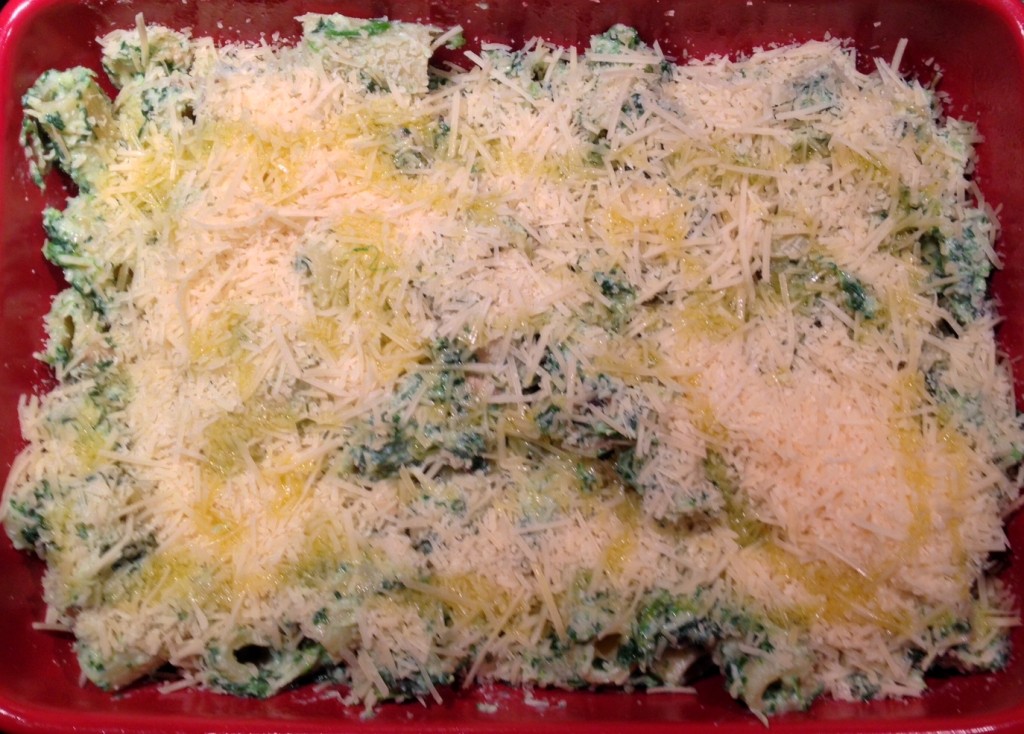 Cover with Parmesan cheese and olive oil before putting into the oven.