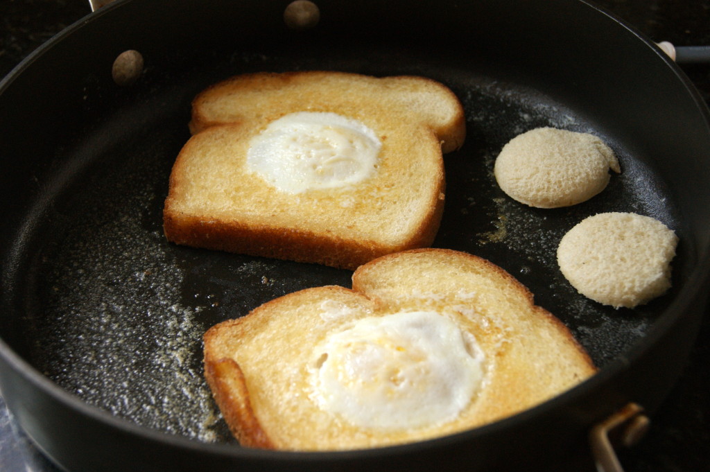 Don't forget to toast the bread holes in the same skillet while your eggs cook!