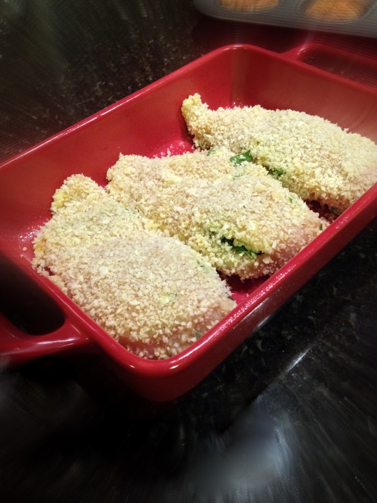 After standard 3-step breading process, the chicken is ready for the oven.