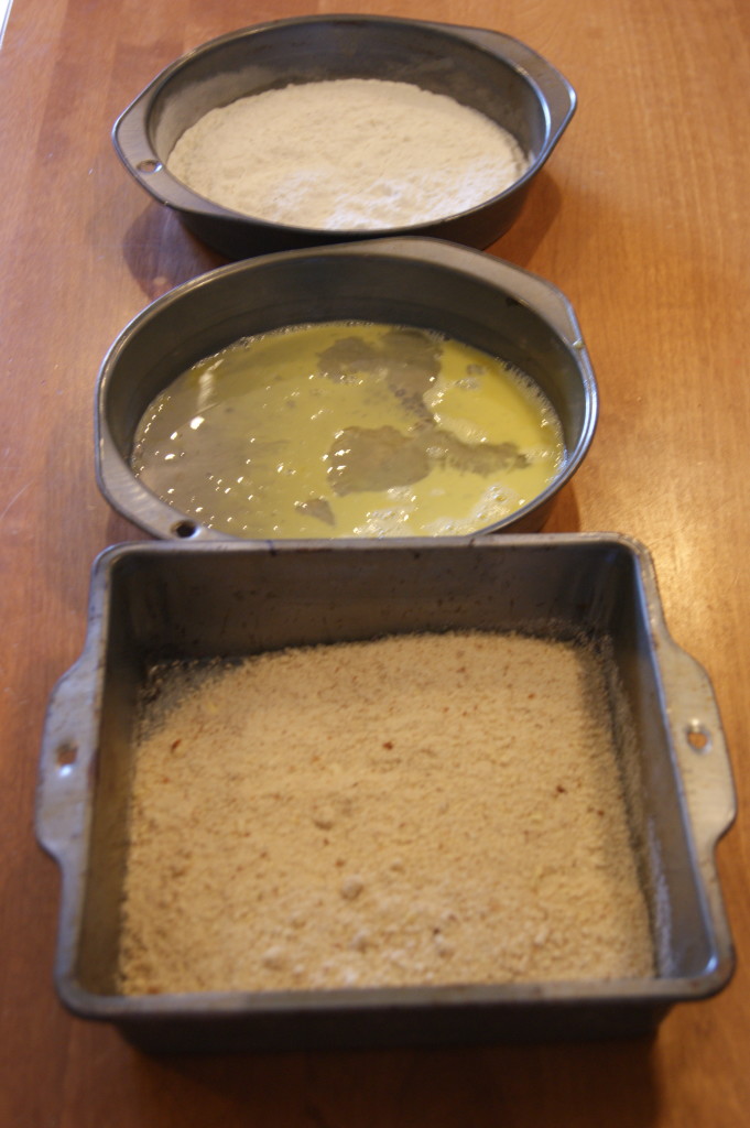 Classic three step breading process.  Dredge the fish in the flour, then egg and finally the almond-Parmesan bread crumb mixture.  Dry, wet, dry.