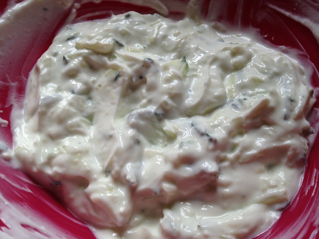 Homemade tzatziki is so easy to make - you're a fool if you buy it in a store. I grated some cucumber, a clove of garlic and mixed it with a cup of Greek yogurt.  Season to taste and boom - you're done.  That's it.  Chill in the 'fridge until you need it.