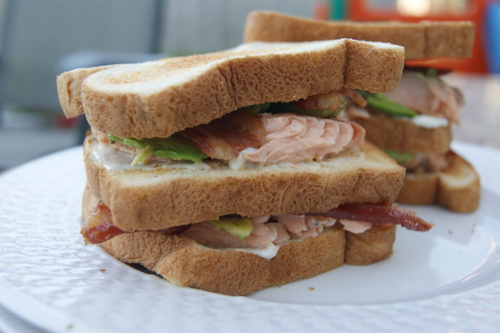 Salmon Club Sandwich with Citrus Aioli, Bacon and Avocado