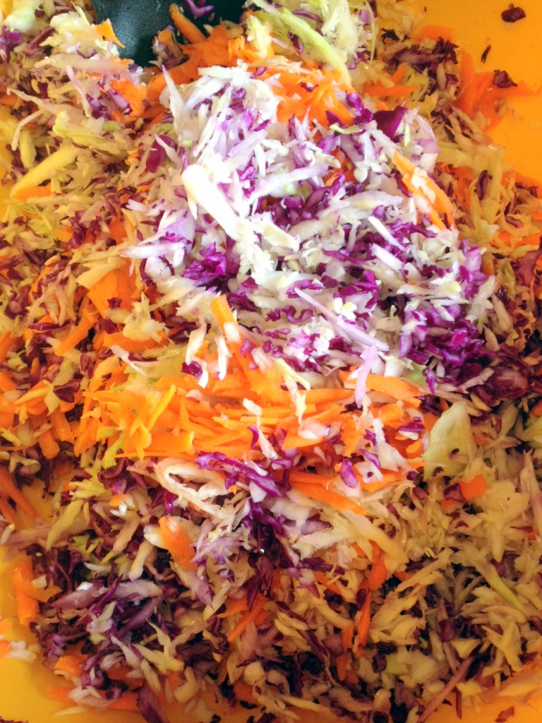 Toss the red cabbage with grated carrots and green cabbage.  All freshly grated, of course.  Don't you dare buy a bag of shredded "coleslaw veggies."