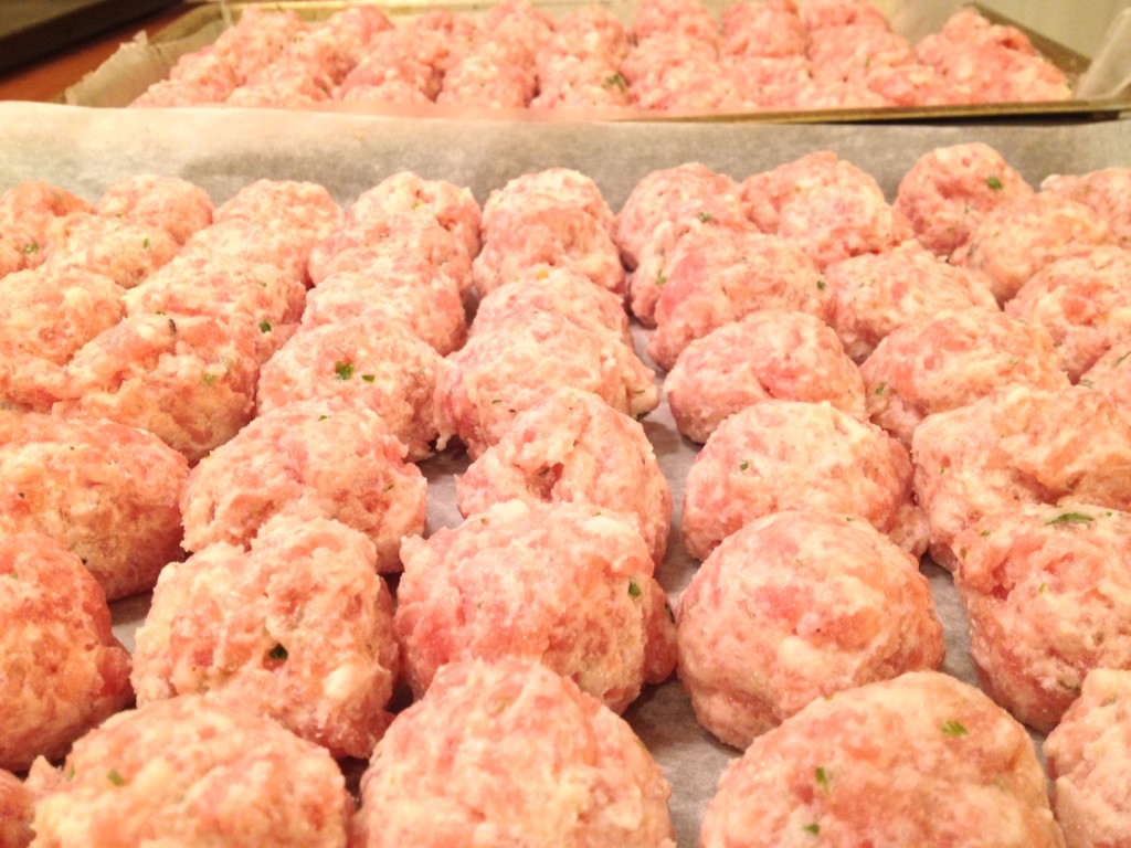 Pork and Ricotta Meatballs ready for breading..