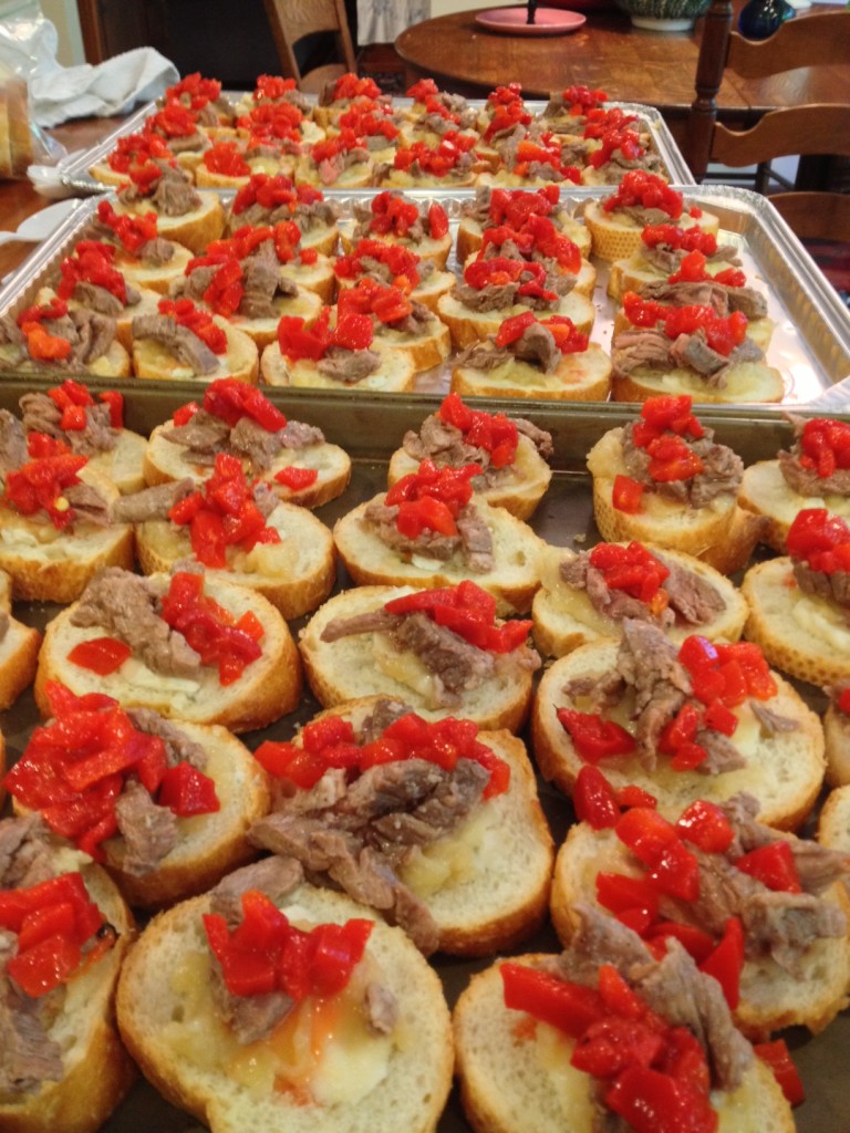 Steak Bruschetta with Gorgonzola Dolce, Caramelized Onion Jam and Roasted Red Peppers