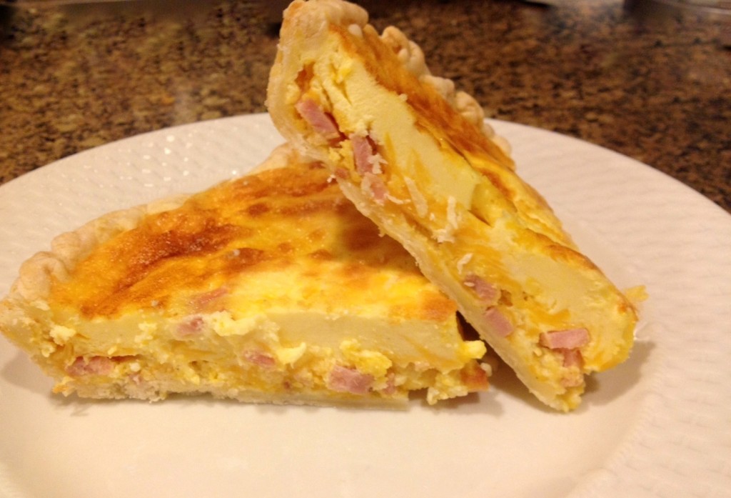 Delicious layers of egg, cheese, Canadian Bacon and flaky crust.