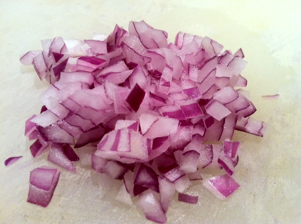 Diced red onions.  Take the bite out of them by letting them soak in some ice water for 10 - 15 minutes.
