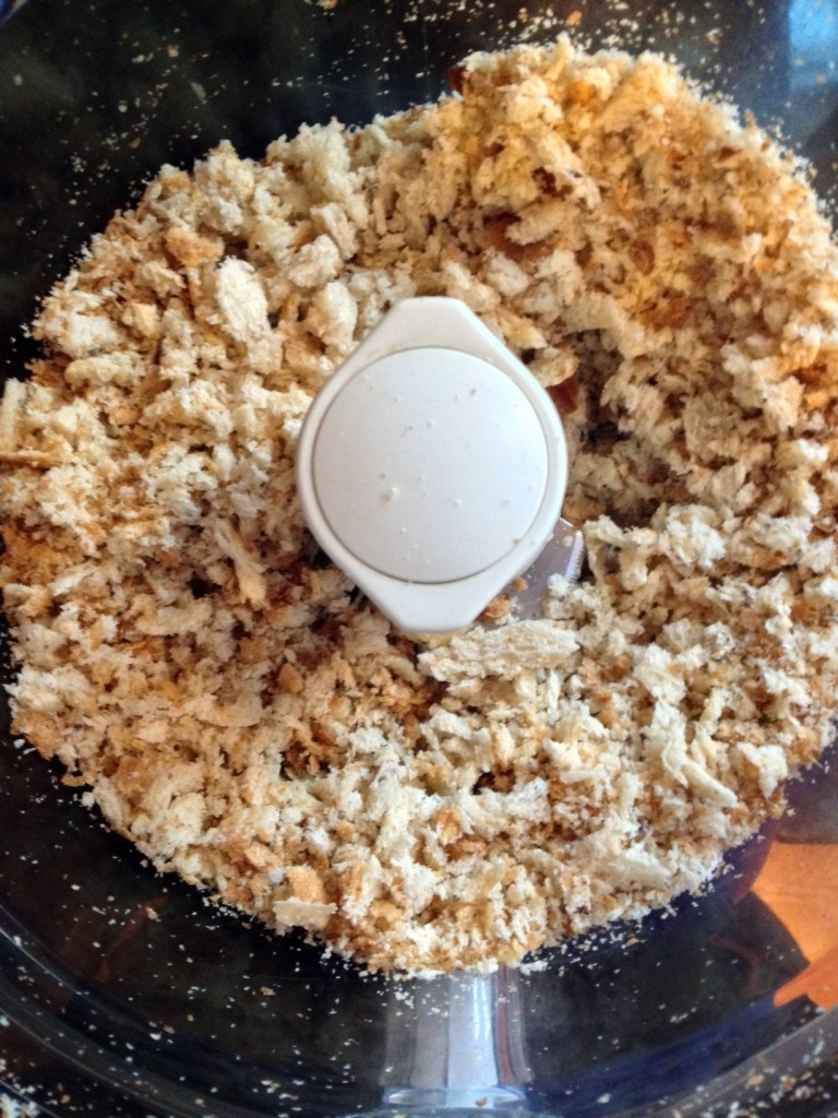 First step is making your own breadcrumbs.  Cheaper and better than what you can buy in the store and so simple.  Grab whatever bread you have and pulse in the food processor.  Done.