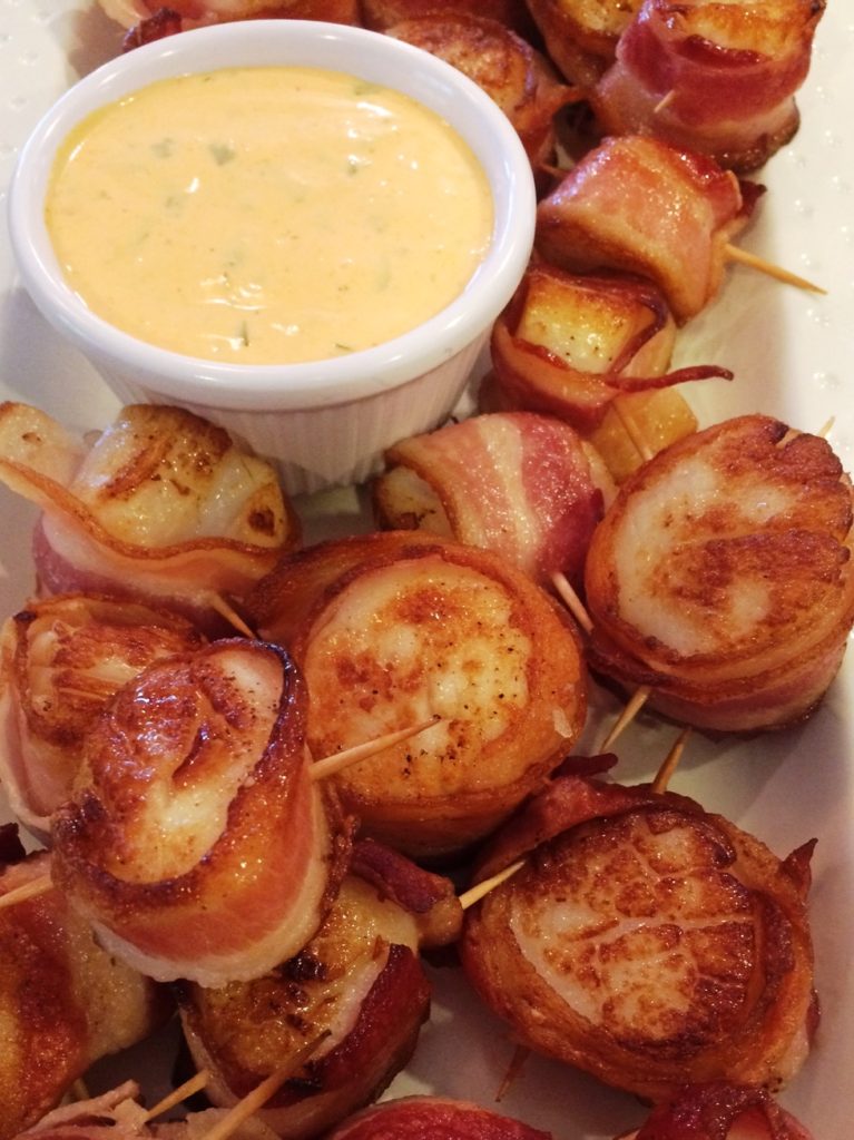 Bacon Wrapped Scallops with Spicy Cilantro Mayo